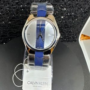 Women's Calvin Klein Silver and Blue Contrast Watch with the Date on the Face
